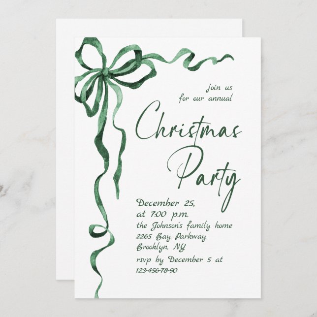 Funky Whimsical Christmas Green Bow Holiday Party Inbjudningar (Fram/baksida)