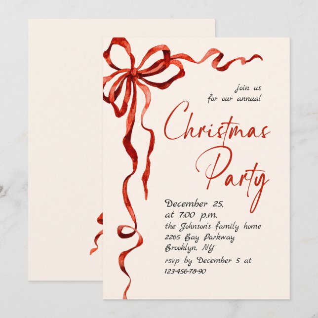 Funky Whimsical Christmas Red Bow Holiday Party Inbjudningar (Fram/baksida)