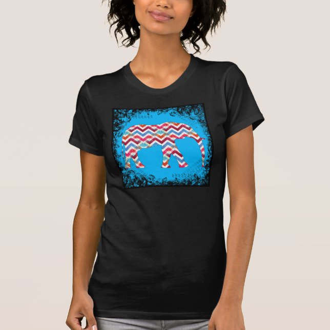 Funky Zigzag Chevron Elephant på Teal Blue Tee (Framsida)