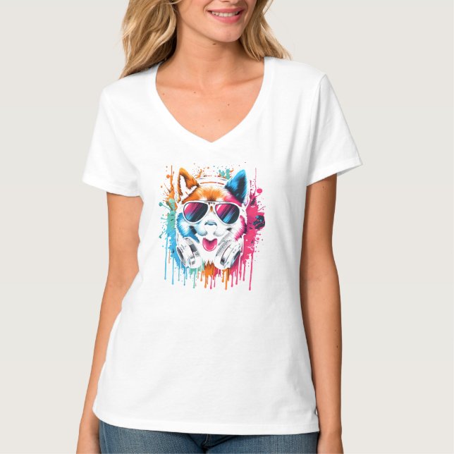 Funkyns Hund i skuggor och hörlurar T-Shirt (Framsida)