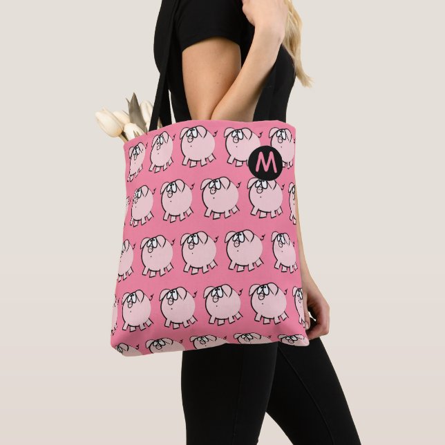 Funny 4 Tecknad Gris Monogram Välj Färg Tote Bag Tygkasse (Närbild)