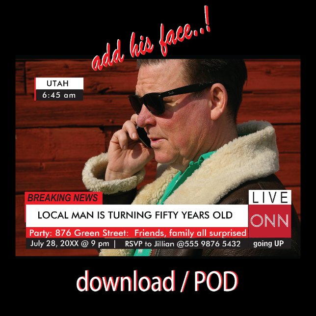Funny 50:e födelsedagsinbjudan 🎉 Fake TV News Inbjudningar (Skapare uppladdad)
