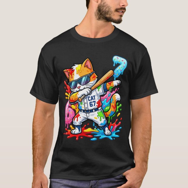 Funny 67 Baseball Dabbing Cat 6 7 Dripng Ice Cream T Shirt (Framsida)