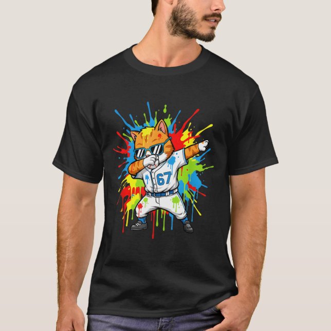 Funny 67 Baseball Dabbing Cat 6 7 Dripng Ice Cream T Shirt (Framsida)