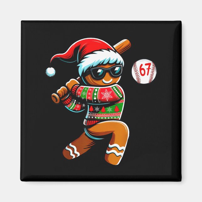 Funny 67 Gingerbread Man Playing Baseball Christma Magnet (Framsidan)