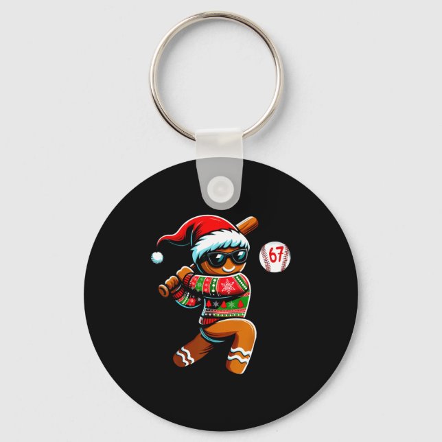 Funny 67 Gingerbread Man Playing Baseball Christma Nyckelring (Framsida)