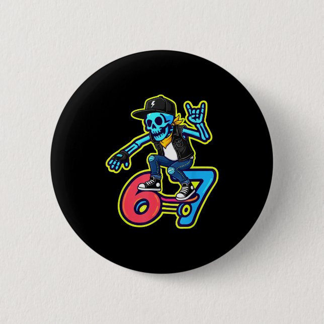 Funny 67 Skeleton Skater Meme Retro Skateboarding  Knapp (Framsida)