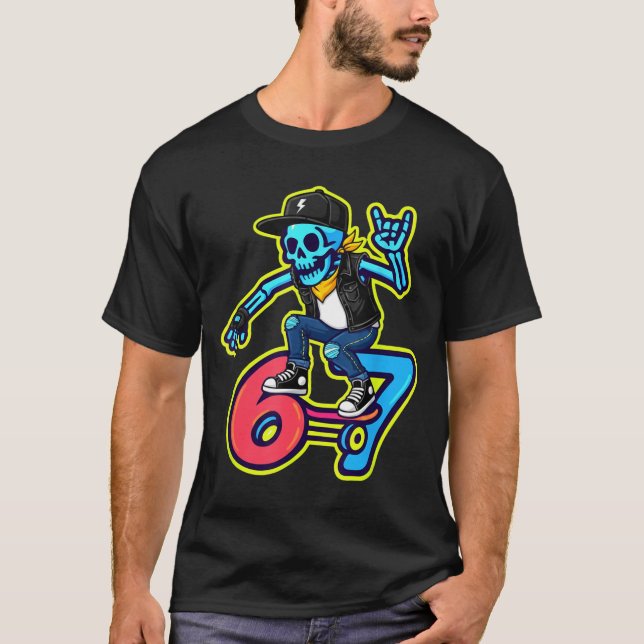 Funny 67 Skeleton Skater Meme Retro Skateboarding  T Shirt (Framsida)