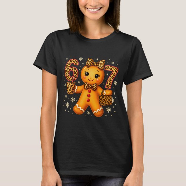 Funny 6 7 Christmas Leopard Bow Gingerbread Girls  T Shirt (Framsida)