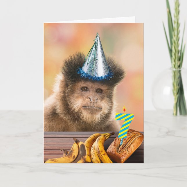 Funny 7:e Birthday Capuchin Monkey Banana Bread Kort (Framsida)
