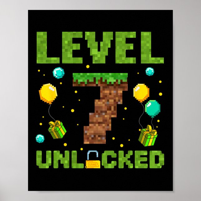 Funny 7th Birthday Boy Gamer Level 7 Unlocked Pixe Poster (Framsidan)