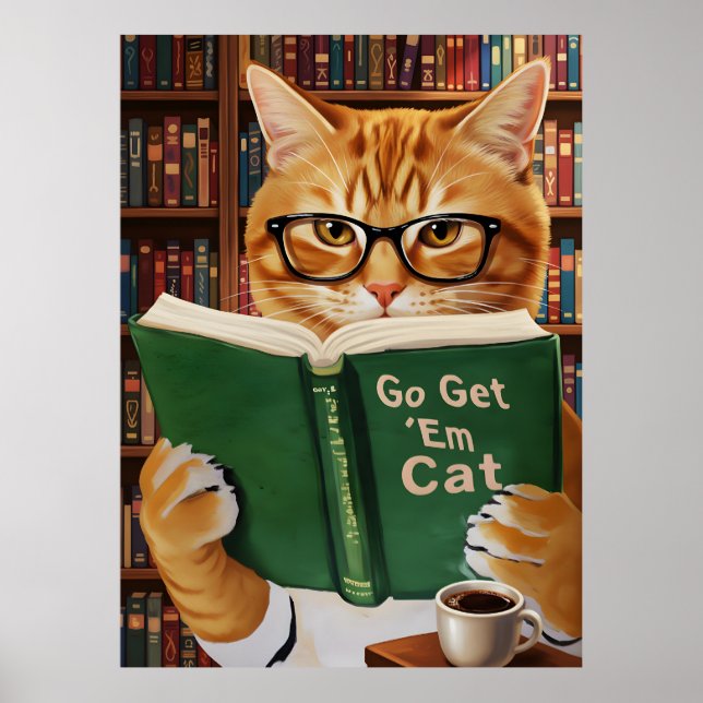Funny Adorable Reading Cat Art Coffee Tabby Cat Poster (Framsidan)