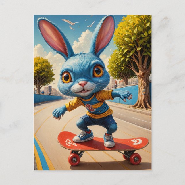 Funny Adsible Skateboarding Cute Rabbit Vykort (Framsida)