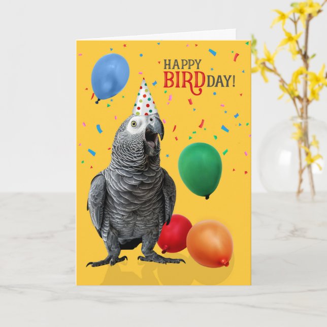Funny African Grått Parrot Birthday Humor Kort (Gul blomma)