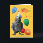 Funny African Grått Parrot Birthday Humor Kort<br><div class="desc">En mycket söt afrikansk Grått-papegoja; "Lycklig BIRDday",  omgiven av färgfulla ballonger och konetti på en glad gult bakgrund.</div>