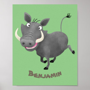 Funny african warthog gris tecknad illustration poster