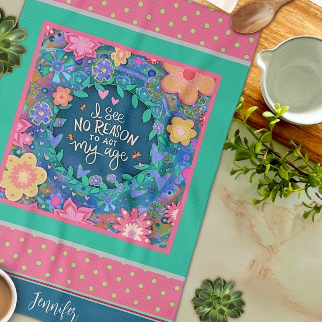 Funny Age My Age Quote Blommigt Rosa Namn Kökshandduk (Skapare uppladdad)