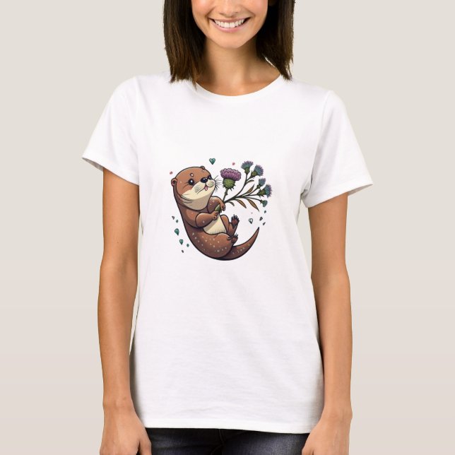 Funny AI Genererad Otter och Thistle T Shirt (Framsida)
