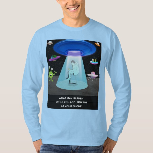 Funny Alien Abduction Phone Distraction Sci-Fi Hum T Shirt (Framsida)