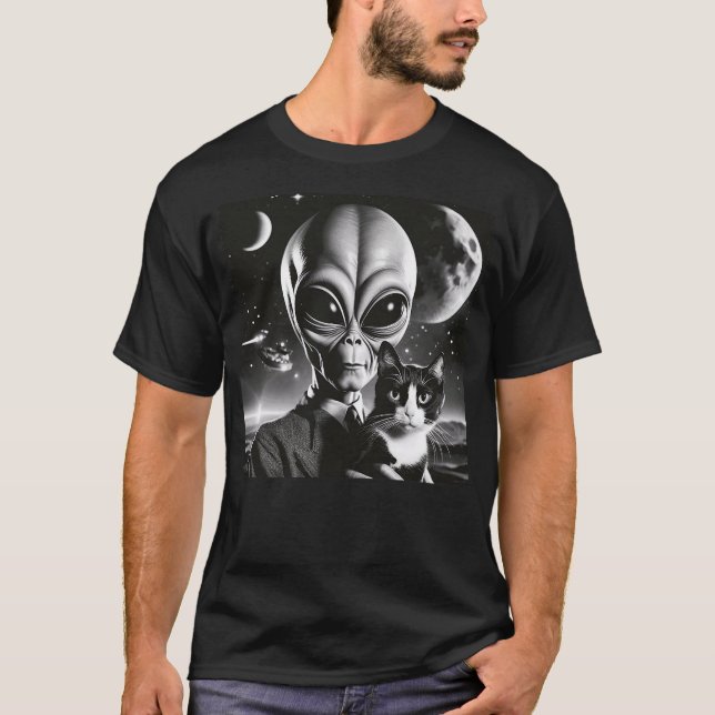 Funny Alien and Cat UFO Outer Space Cat Lover Kitt T Shirt (Framsida)