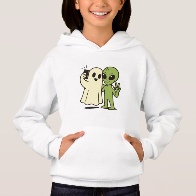 Funny Alien and Ghost Halloween Selfie T Shirt (Framsida)