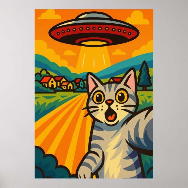 Funny Alien Cat UFO Abduction Cat Retro Pop Art Poster (Framsidan)
