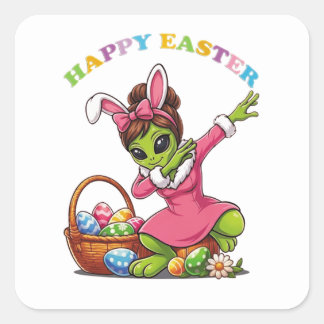 Funny Alien Easter Bunny Dabbing Cute Easter Egg Fyrkantigt Klistermärke