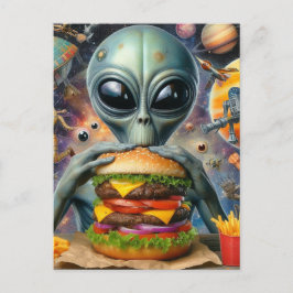 Funny Alien Eating Cheeseburger Vykort