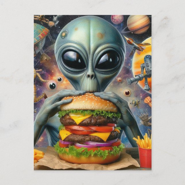 Funny Alien Eating Cheeseburger Vykort (Framsida)