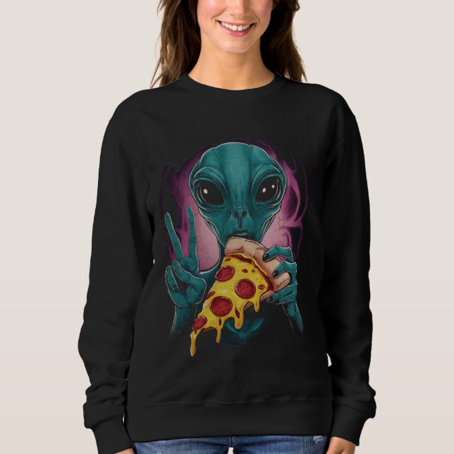 Funny Alien Head Eating Pizza UFO Extraterrestrial T Shirt (Framsida)