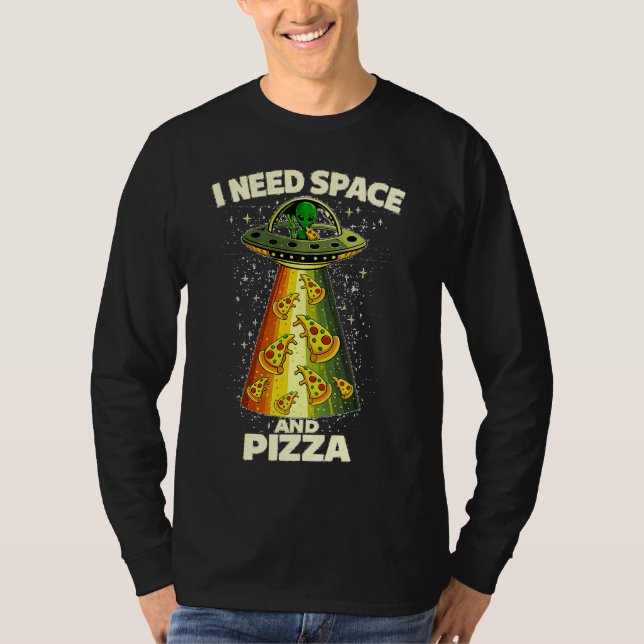 Funny Alien Head Eating Pizza UFO Extraterrestrial T Shirt (Framsida)