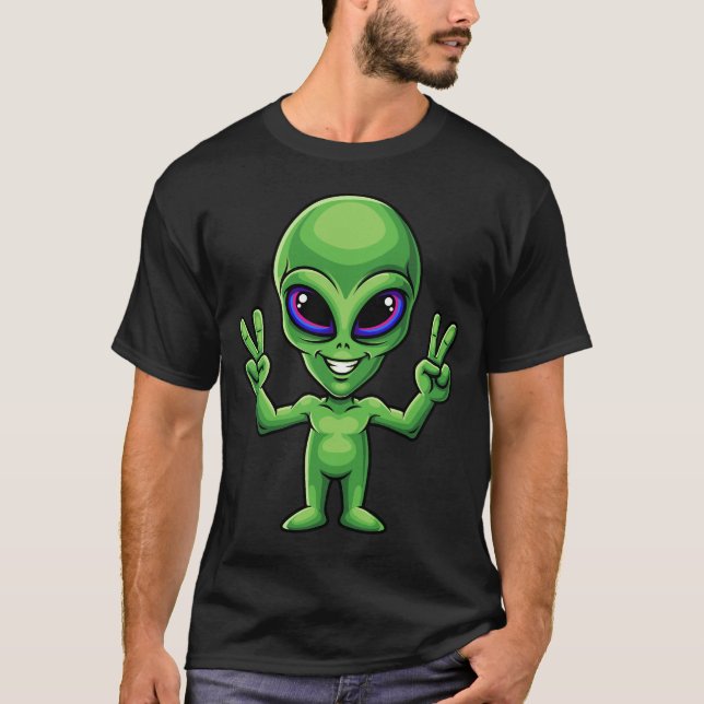 Funny Alien Peace Symbol Smiling Humor Cute UFO  T Shirt (Framsida)