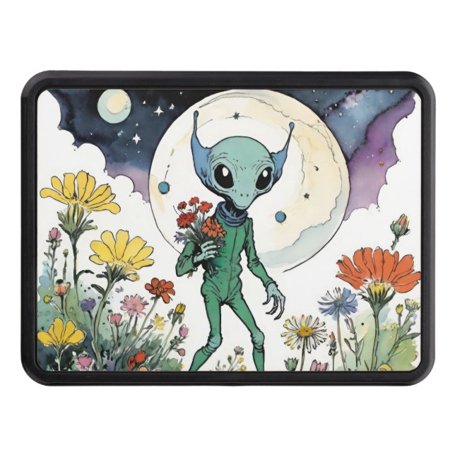 Funny Alien Picking Flowers With Full Moon Dragkroksskydd (Framsidan)
