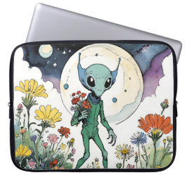 Funny Alien Picking Flowers With Full Moon Laptop Fodral