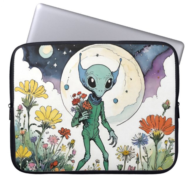 Funny Alien Picking Flowers With Full Moon Laptop Fodral (Framsidan)