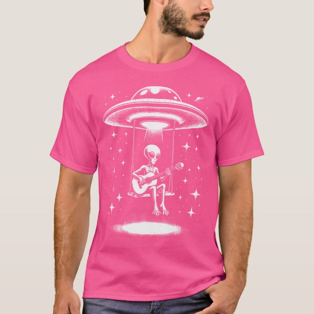 Funny Alien Playing Acoustic Guitar Rock And Roll  T Shirt (Framsida)