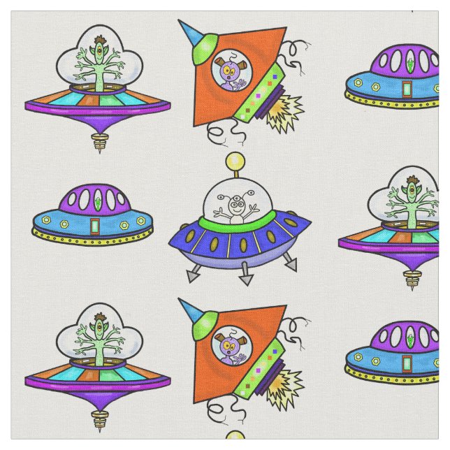 Funny Alien Spaceships och Flies Saucers Fabric Tyg (Närbild)
