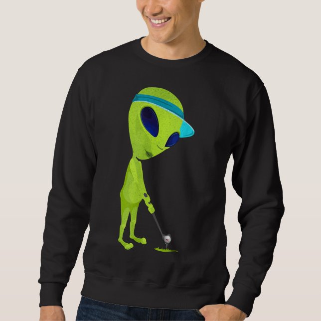 Funny Alien Spela Golf Parody Golfer UFO Golfing Lång Ärmad Tröja (Framsida)