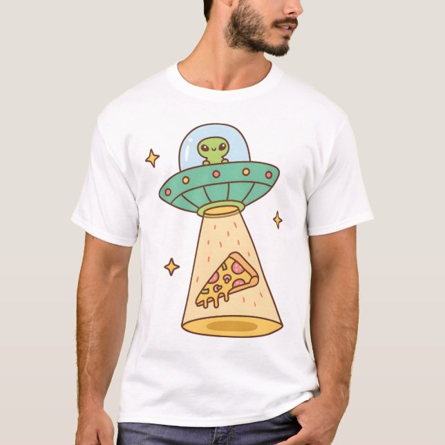 Funny Alien UFO Abducts Pizza Doodle T Shirt (Framsida)