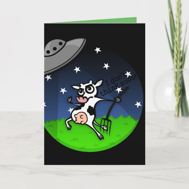 FUNNY ALIEN UFO COW ABDUCTION GREETING CARD KORT (Framsida)