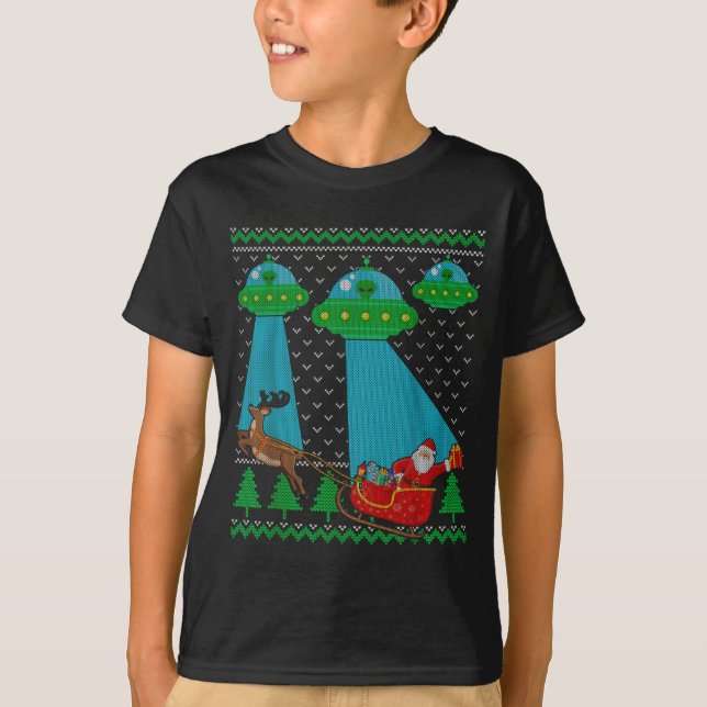 Funny Alien Ufo Santa Sleigh Ugly Christmas Sweate T Shirt (Framsida)