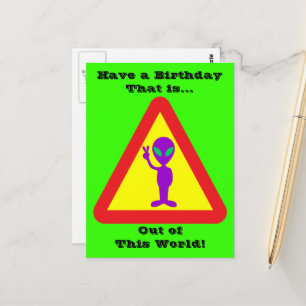 Funny Alien Warning Caution Sign Birthday Vykort