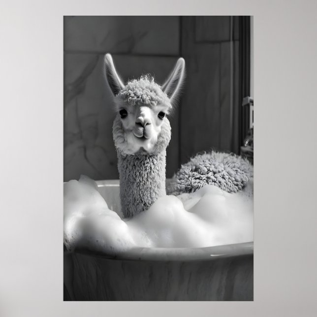 Funny Alpaca Bubble Bath Art, Bathroom Print Poster (Framsidan)