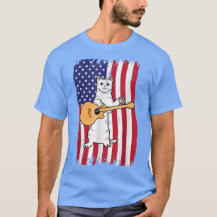 Funny amerikansk Flagga Cat Spela Guitar Vintage T Shirt