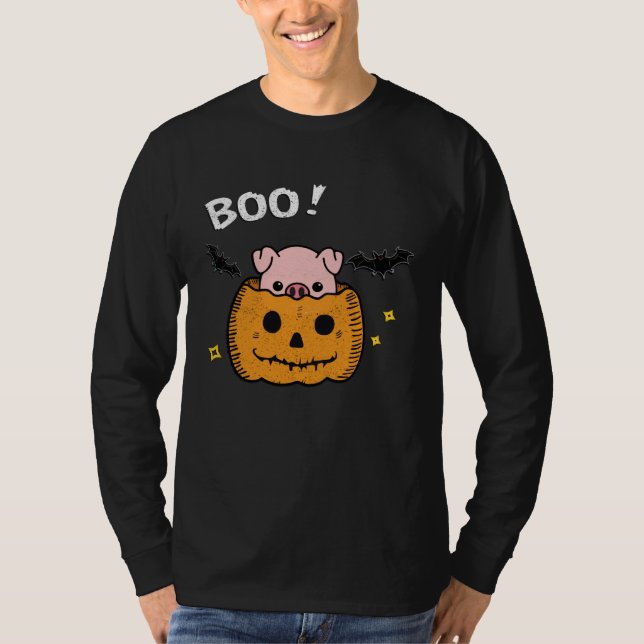 funny and cute piggy pig boo in pumpkin bats Hallo T Shirt (Framsida)