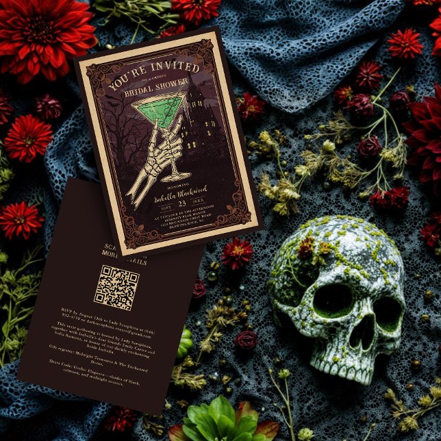 Funny and Sophisticated Halloween Gothic Cocktail  Inbjudningar (Funny and Sophisticated Gothic Halloween Cocktail for Bridal Shower Invitation Cards with QR Code.)