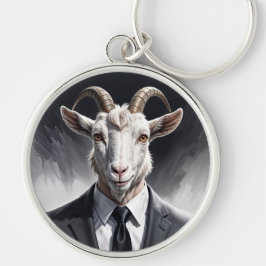 Funny animal boss surreal suited goat character rund silverfärgad nyckelring