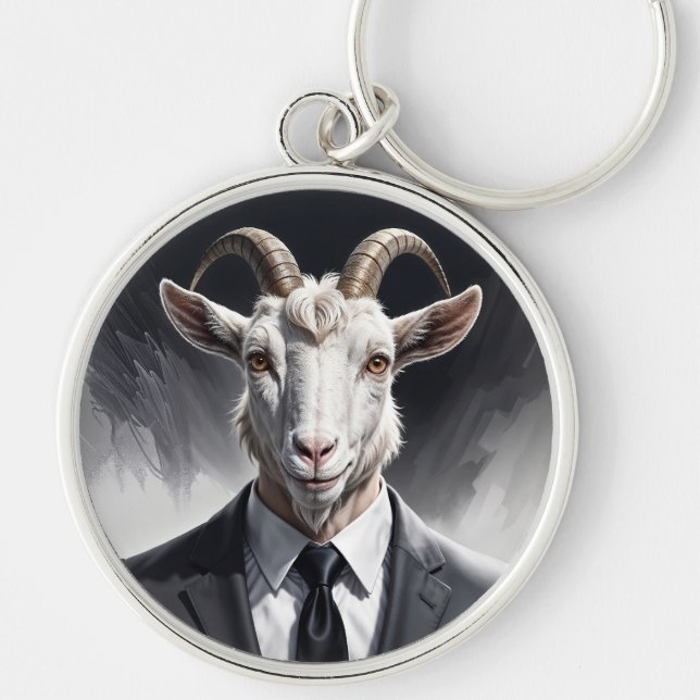 Funny animal boss surreal suited goat character rund silverfärgad nyckelring (Framsidan)