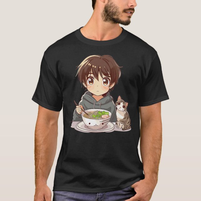 Funny Anime Cat Ramen Graphic T Shirt (Framsida)