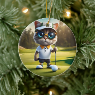 Funny Animerad Cat Golf Player Julgransprydnad Keramik